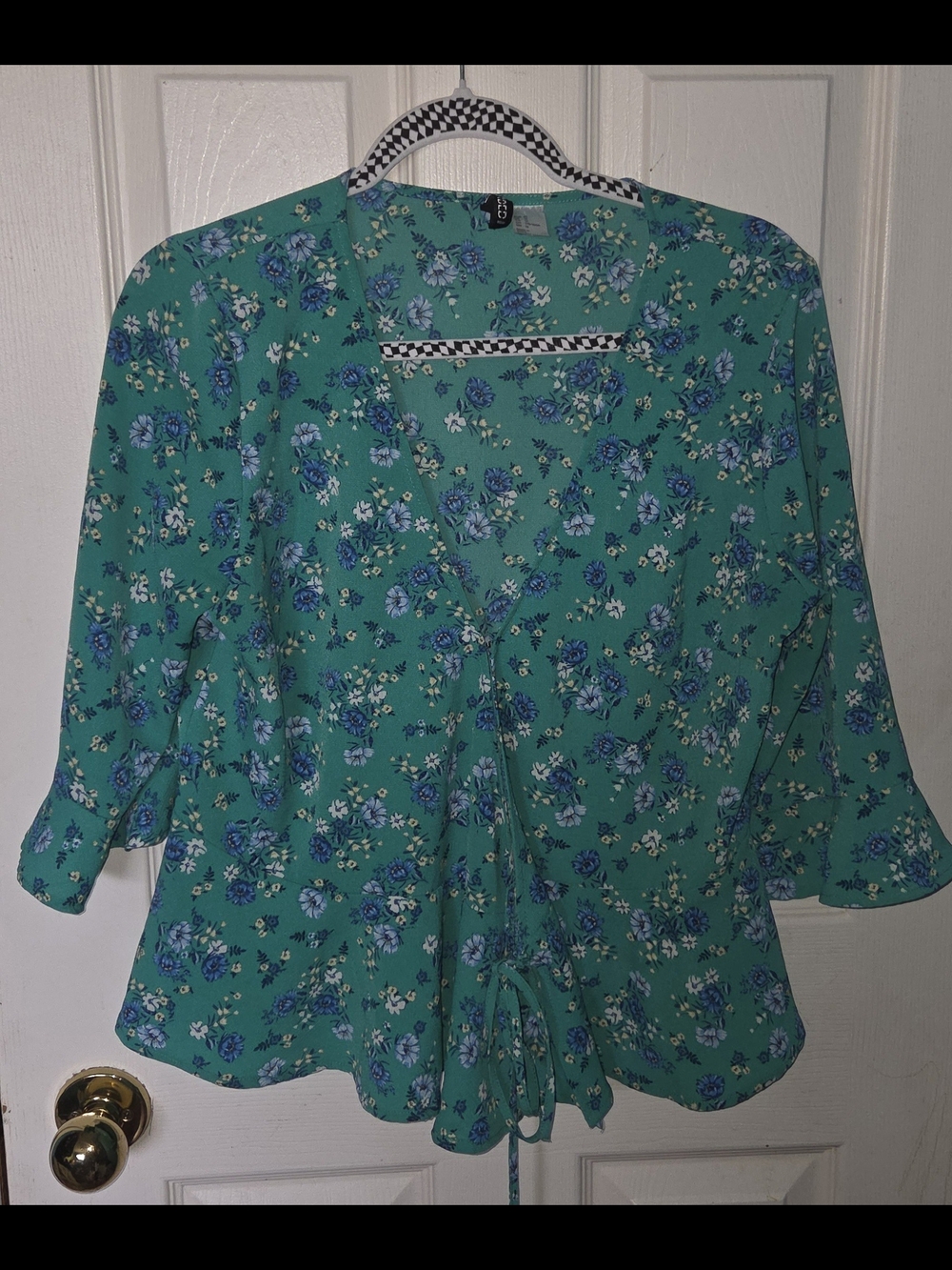 H&M Teal Floral Tie-Front Blouse